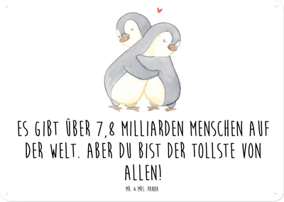 Produktbild von Mr. & Mrs. Panda Wandbild Pinguine Kuscheln DIN A4 - Weiß - Geschenk, Schild, Türschild, Mitbringsel, für Frauen, Blechschild, Hochzeitstag, Freundin, tafel, Freund