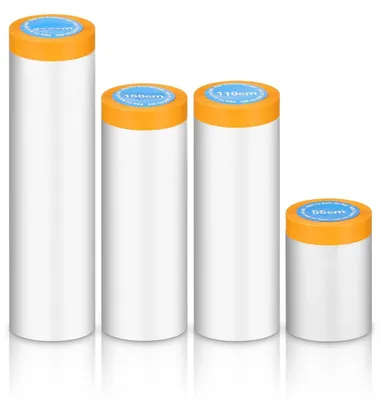 Productafbeelding van 4 rollen maskeerfolie met plakband, transparante maskeerfolie