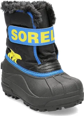 A single black winter boot with blue and yellow accents, shown against a white background.