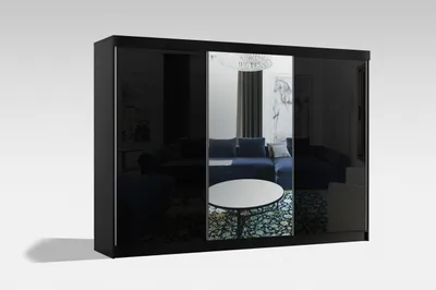 Produktbild von Krudox SAM Schiebetürenschrank Schwarz mit Spiegel Kleiderschrank Breite 250 cm Schlafzimmer Schrank mit 2 Kleiderstangen 3 Schubladen Stauraum