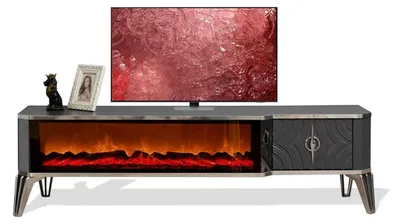 Immagine prodotto di Tavolo TV basso in legno grigio scuro con camino