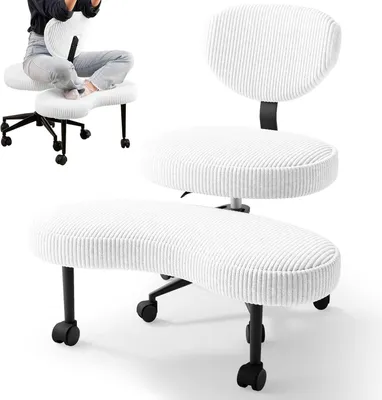 Immagine prodotto di Sedia da ufficio per seduta a gambe incrociate, sedia ergonomica per seduta a gambe incrociate, girevole a 360°, regolabile in altezza, con schienale, colore bianco, rivestimento in tessuto bianco