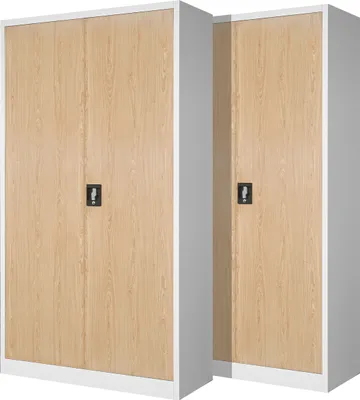 Two identical metal cabinets with wood-grain doors are shown side-by-side against a white background.