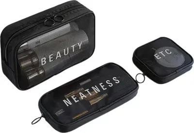 Produktbild von Reise Make-Up Kulturbeutel Beautycase Kosmetik Beutel Tasche Schminktasche Set 3 teilig Schwarz