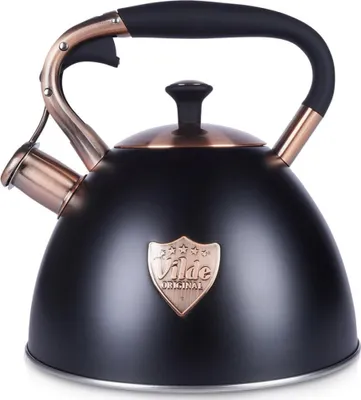 A black kettle with copper accents and handle, shown from a front-diagonal angle on a white background.