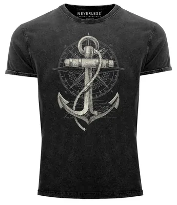 Produktbild von Herren Vintage Shirt Print Aufdruck Anker Kompass Motiv Maritim Meer Fashion StreetstyleUsed Look Slim Fit Neverless® schwarz M