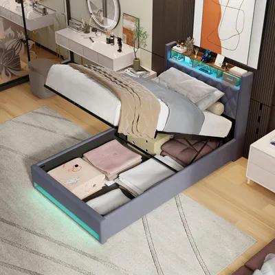 Produktbild von STILVORA Polsterbett 140×190 mit bettkasten,Stauraumbett Boxspringbett mit USB-Anschluss und LED-Licht,Funktionsbett ohne matratze,mit Stauraum,grau