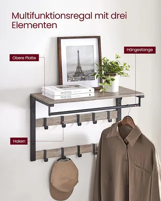 Produktbild von VASAGLE Wandregal mit Ablage, Wandgarderobe, Hängeregal mit 10 abnehmbaren Haken, Wandmontage, 2 Garderobenleisten, Kleiderstange, für Flur, Schlafzimmer, Badezimmer greige-schwarz LCR101B02