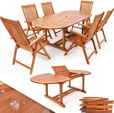 Produktbild von CASARIA® Gartenmöbel Set Holz 6 Stühle mit Tisch Wetterfest FSC®-zertifiziert Schirmständer Armlehnen Klappstühle Garten Terrasse 7-tlg. Eukalyptus