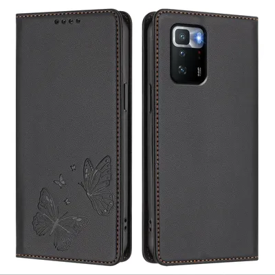 Image de Étui en cuir pour Xiaomi Poco X3 GT, motif papillon, étui à rabat avec porte-appareil, noir