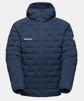 A studio shot of a blue hooded jacket.