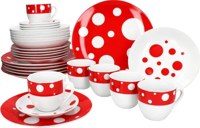 Image de Pula rouge 30pcs service combiné vaisselle à pois points tasses assiettes