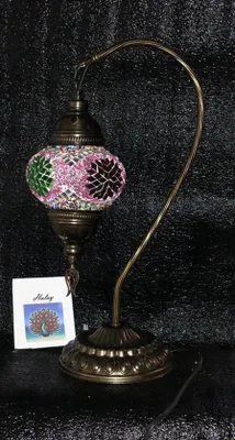 Produktbild von Handgemachte türkischrosa Tischlampe aus Glas mit farbigen Sternen Orientalische Atmosphäre Nachtlampe ca. 45 cm