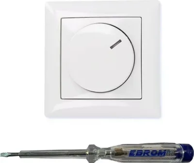 Produktbild von Busch Jäger 6523U-102 LED-Drehdimmer LED-Dimmer mit Dimmerscheibe Zentralplatte 2115-914 und Einfachrahmen in Balance Si alpinweiß glänzend inklusive EBROM Phasenprüfer zur Montage des Dimmers