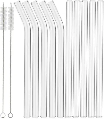 Immagine prodotto di Cannucce e spazzolini riutilizzabili in vetro borosilicato - Set da 12 pezzi - 17,8 cm x 10 mm - Include 5 tubi dritti, 5 gomiti e 2 spazzolini