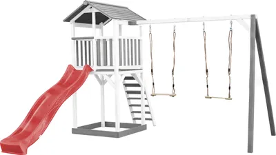 Produktbild von AXI Beach Tower Spielturm aus Holz in Weiß & Grau | Spielhaus für Kinder mit roter Rutsche, Doppelschaukel und Sandkasten | Stelzenhaus für den Garten