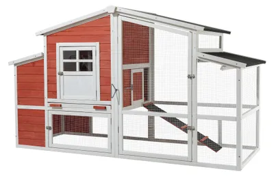 Produktbild von Wiltec XXL Hühnerstall 2010 x 813 x 1165 mm rot-weiß mit Freilauf und Nistkasten aus Fichtenholz, Hühnerhaus mit Unterschlupf, Gitter und Kotwanne verzinkt