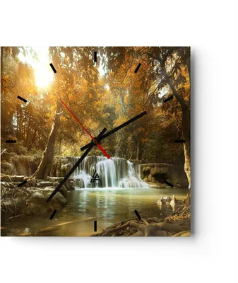 Produktbild von Wanduhr - Quadrat - Glasuhr - Park Wasserfall Wasser - 30x30cm - Schleichendes Uhrwerk - Lautlos - zum Aufhängen bereit - Dekoration Modern - Wanddekoration aus Glas - C3AC30x30-3789