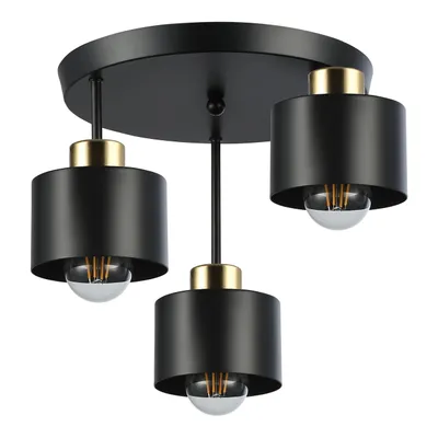 A black and gold three-light pendant lamp.
