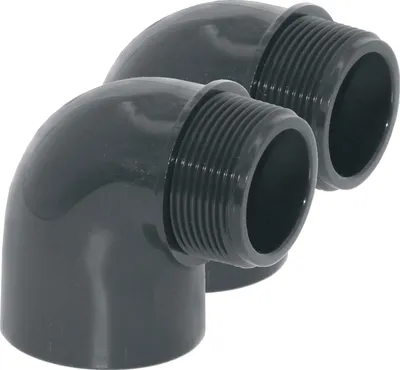 Produktbild von HAF 2x PVC Fittings Winkel 90° mit 50mm x 1 1/2" | Klebemuffe x Außengewinde | Winkelverbinder aus grauem PVC-U | PN16 für Rohr, Schwimmbad & Teich