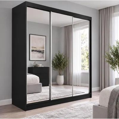 Produktbild von BEAUTYSOFA DEBRA Schwebetürenschrank 180 cm Schrank mit Spiegel, Kleiderschrank mit 3 Schiebetüren und 2 Schubladen, Schwarz