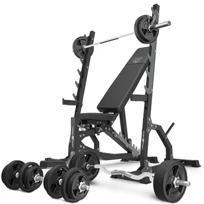 Immagine prodotto di Marbo Sport - Set MS8_2.0_113KG_G | Panca pesi regolabile bifacciale + supporto multilivello (2 pezzi) + barra gommata e set di piastre pesi 113 kg