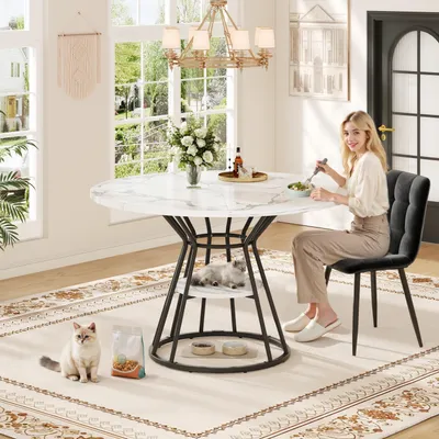 Produktbild von Runder Esstisch in Marmor-Optik – Moderner Küchentisch mit Metallbeinen, Design Frühstückstisch, Gold & Schwarz