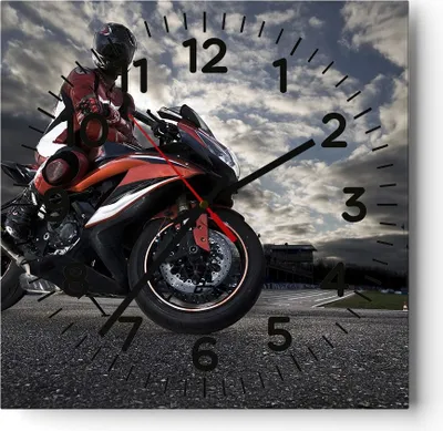 Produktbild von Wanduhr - Quadrat - Glasuhr - Sport Rennen Motorrad Reise - 30x30cm - Schleichendes Uhrwerk - Lautlos - zum Aufhängen bereit - Dekoration Modern - Wanddekoration aus Glas - C4AC30x30-2542