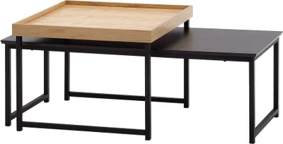 Produktbild von Couchtisch 2er Set Holz / Metall Sofatisch Eckig Eiche Schwarz Modern | Beistelltisch 2-teilig | Design Wohnzimmertische | Holztisch Satztische