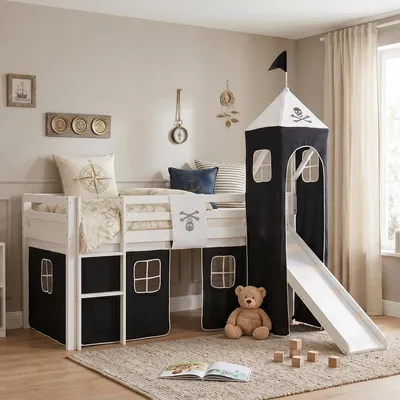 Produktbild von Homestyle4u Hochbett 90x200 mit Rausfallschutz Kinder mit Rutsche Leiter Turm Vorhang Pirat Schwarz Massivholz Kiefer Weiß