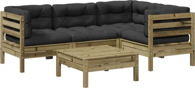 Imagen del producto de Conjunto de sofá de jardín de 5 piezas con cojines, fabricado en madera de pino tratada