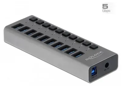 Produktbild von DeLOCK Externer 5 Gbps USB Hub mit 10 Ports + Schalter, USB 3.2 Gen 1 (3.1 Gen 1) Type-B, USB 3.2 Gen 1 (3.1 Gen 1) Type-A, 5000 Mbit/s, Grau, Aluminium, 1 m