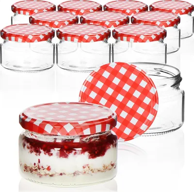 Produktbild von com-four® 12x Einmachgläser mit rot/weiß kariertem Schraub-Deckel - TO Ø 82 mm - bis zu ca. 250 ml