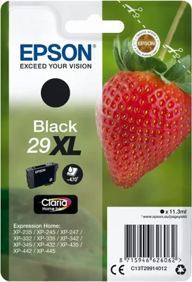 Produktbild von Epson Strawberry Singlepack Black 29XL Claria Home Ink, Hohe (XL-) Ausbeute, Tinte auf Pigmentbasis, 11,3 ml, 470 Seiten, 1 Stück(e)