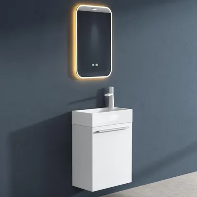 Produktbild von doporro Badmöbelset Waschbecken-Unterschrank für Gäste-WC 46cm in Weiß Design Waschplatz Wandmontage inkl. LED-Spiegel Pisa02