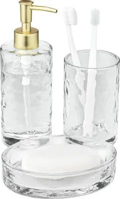 Produktbild von Navaris Luxus Badezimmer Set - Seifenspender Set Bad Deko - Mattgold Finish gehämmertes Glas - Badezimmer Zubehör - Trendy Seifenspender