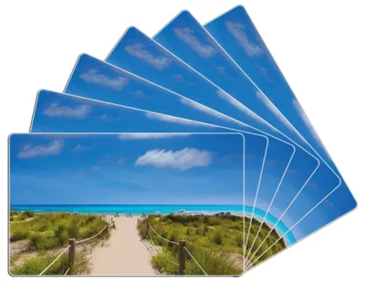 Produktbild von Wallario Frühstücksbrettchen 6er Set aus Glas, je 14 x 23 cm, mit rutschfesten Füßen, Motiv Sandweg zum blauen Meer mit blauem Himmel