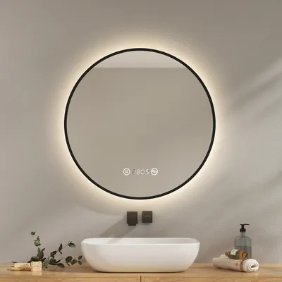 Produktbild von EMKE Lustro łazienkowe okrągłe LED z oświetleniem ф70cm Czarne okrągłe lustro łazienkowe z funkcją przeciwmgielną, zegarem, temperaturą, ściemnianiem, funkcją pamięci - Neutralne światło 4300K