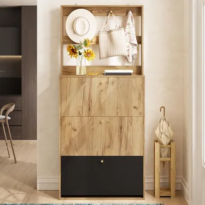 Produktbild von Schuhschrank mit Haken und 3 klappbaren Aufbewahrungsfächern Schuhregal für den Flur B75/H180/T24 cm Naturholzoptik + Schwarz