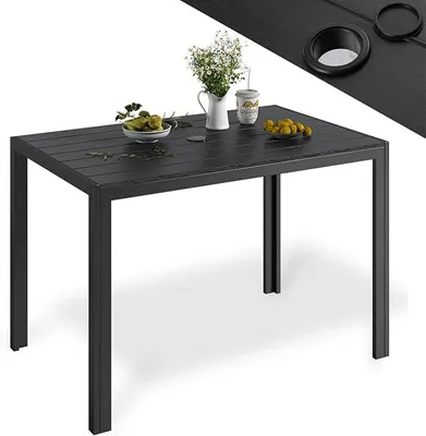Obrázok produktu pre Záhradný stôl s otvorom pre slnečník, 110x70 cm. Balkónový stôl, odolný voči poveternostným vplyvom, hliníková konštrukcia, doska z WPC, obdĺžnikový jedálenský stôl pre vonkajšie použitie, čierna farba