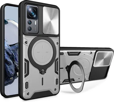 Produktbild von Handyhülle für Xiaomi 12T /12T Pro /Redmi K50 Ultra Dual-Layer Stoßfest Rüstung Hülle mit Dia Kameraschutz und Kreisförmig Ring Ständer Silber