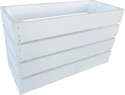 A white wooden crate is shown against a white background.