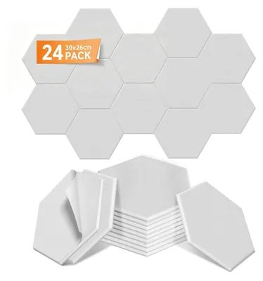 Produktbild von LARS360 Weiß Akustikpaneele 24er Set 30x26cm Hexagon, Schallschutz Wandpaneele, Schalldämmung, Schallabsorber für Studio Home Gaming