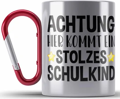 Produktbild von Trendation - Einschulung Junge Mädchen Geschenk Schultüte Füllung Edelstahl Tasse Karabiner Schulstart 1. Schultag Schuleinführung Schulanfang Geschenkidee 2023 Schulkind Lustig (Rot)