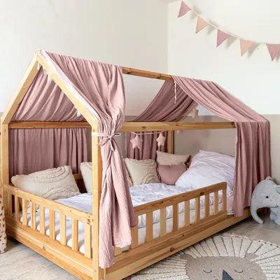 Immagine prodotto di Baldacchino per letto a casetta 135x320 cm rosa cipria con applicazioni dorate - 2 teli