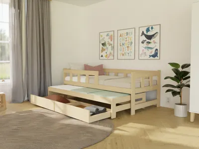 Produktbild von Einzelbett FENCE 90x200 3-in-1 mit Barriere, Ausziehbett und 2 Aufbewahrungsschubladen Transparente matte Wachslasur, Mit einem Rausfallschutz links