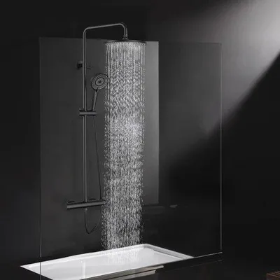 Obrázek produktu pro Ibenzoa® sprchový systém s termostatem – kompletní sada obsahující sprchovou hlavici "déšť" o průměru 25 cm (360°), výškově nastavitelnou sprchovou tyč (92–126 cm) a ruční sprchu s 3 různými režimy, vyrobenou z nerezové oceli