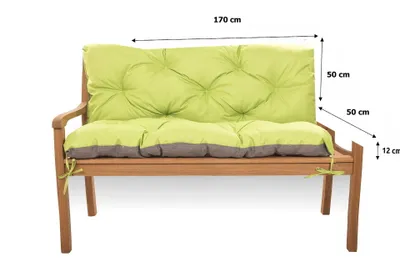 A green and gray bench cushion on a wooden bench.