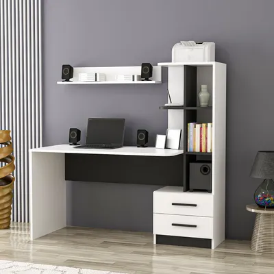 Produktbild von Skye Decor, Moderner Schreibtisch mit Bücherregal und Wandregal, 100% melaminbeschichtete Spanplatte, 120x74x60 cm | 2 Schubladen, zahlreiche Regale, Schwarz-Weiß Design.
