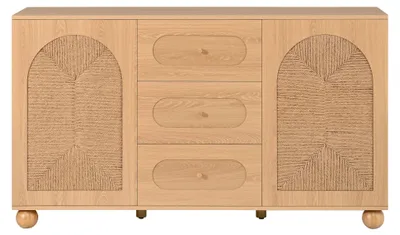 Produktbild von Buffet mit natürlicher Holzoptik, ausgestattet mit 2 Korbtüren und 3 Schubladen